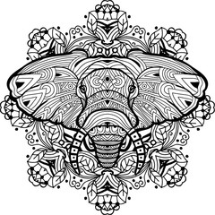 Painted elephant on a background of circular pattern. Coloring page
