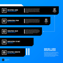 Modern corporate graphic design template with black elements on blue background. Useful for advertising, marketing and web design.