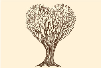 Tree Love Sketch. design over beige background vector Tree like heart Tree in the shape of heart, valentines day.