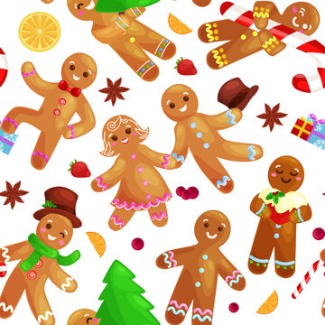 Seamless pattern christmas cookies gingerbread man and girl decorated with icing dancing and having fun in a cap with the Christmas tree and gifts, xmas sweet food vector illustration