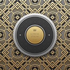 Round text banner template on golden metallic background with seamless geometric pattern. Elegant luxury style.
