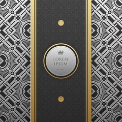 Vertical banner template on silver/platinum metallic background with seamless geometric pattern. Elegant luxury style.