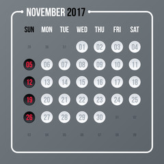 Corporate calendar template on neutral gray background. 2017 year, month november.