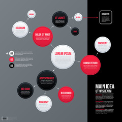 Modern business organization chart template with red, white and black circles on gray background. Neutral corporate style.