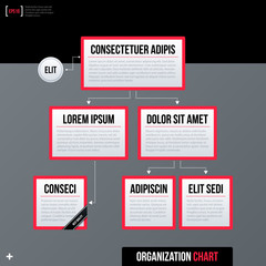 Modern business organization chart template, white rectangles with red borders on gray background. Neutral corporate style.