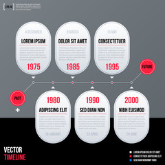 Modern business timeline template with white round shapes on gray background. Neutral corporate style.
