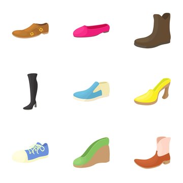 Types of shoes icons set. Cartoon illustration of 9 types of shoes vector icons for web