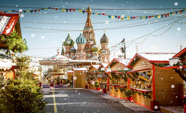 Christmas village fair on Red Square in Moscow, Russia