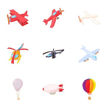 Flying vehicles icons set. Cartoon illustration of 9 flying vehicles vector icons for web