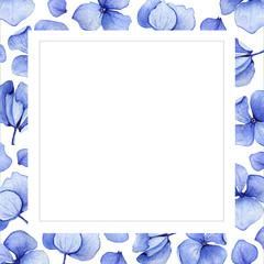 Blue watercolor hydrangea flower background. Floral greeting card. Watercolor invitation card template. May be used for wedding or birthday greeting card.