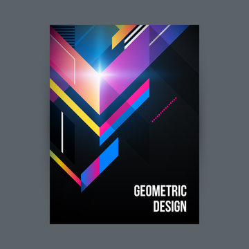 Poster/cover design template with shiny geometric shapes on black background.