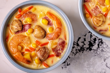 Homemade clam chowder with shrimps.