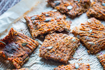 Healthy Vegetables Crispbread Crackers with Pumpkin Seeds and Sun-Dried Tomatoes