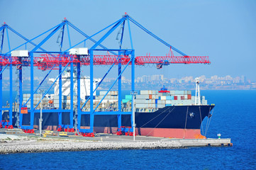 Port cargo crane, ship and container