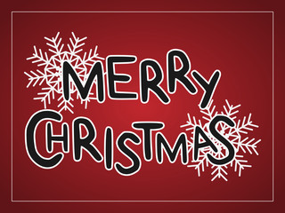Merry Christmas vector greeting card on red color background. White snowflakes.