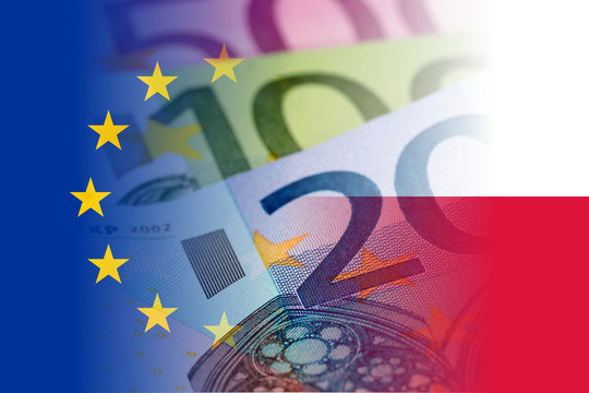 poland and eu flag with euro banknotes
