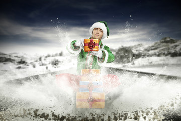 green elf on road and splash of snow 