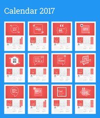 Wall Calendar Template for 2017 Year. Calendar Poster. Place for Photo, logo and Contact Information. Week Starts Monday. Set of 12 Months. Stationery Design. Vector Calendar Template