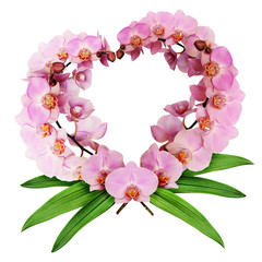 Heart shape with orchid flowers and leaves