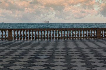 Livorno' s Mascagni Terrace and White Cruise Ship in Background,