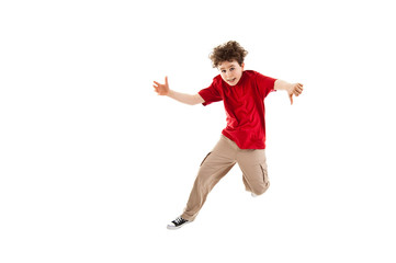 Boy jumping, running isolated on white background 