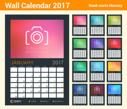 Wall Calendar Planner Template for 2017 Year. Set of 12 Months. Vector Design Template with Place for Photo. Week starts Monday. Portrait Orientation. Black Background