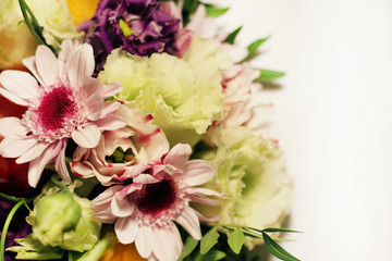 Beautiful bouquet of flowers on a white background for congratulation with space for text