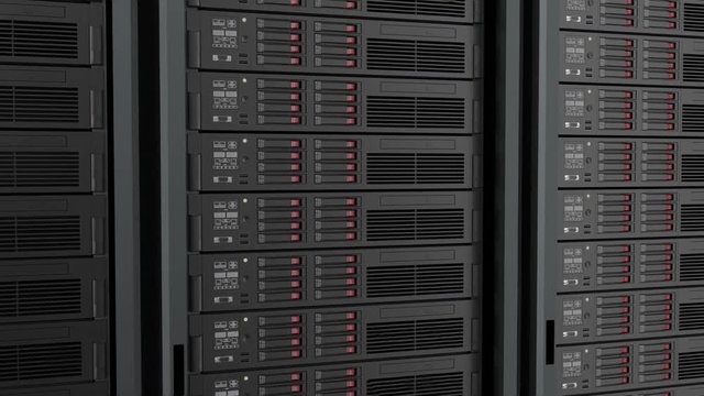 Seamlessly looping of servers in data center. 3D animation.