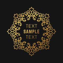 Golden luxurious logo frame. Golden on black background. Vector illustration. Decorative elements for business card, invitation, greeting card template