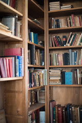Old bookshelf with school books
