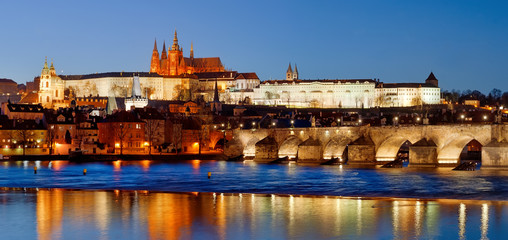 Prague, Czech Republic - scenic view of Charles Bridge, Castle and St. Vitus at night