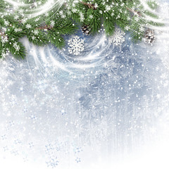 
Christmas background with fir branch border and snowflakes