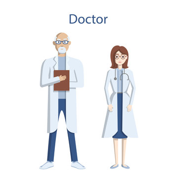 Isolated professional doctors. Male and Female doctors in whites with stethoscope.