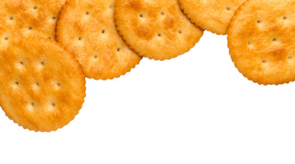 Dry cracker cookies isolated on white background cutout, top view, concept of food