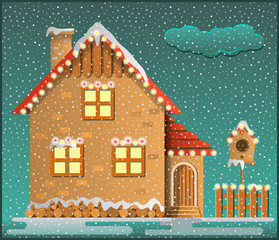 Winter scene. Snowy house, fence and birdhouse. Cartoon style. Vector illustration.