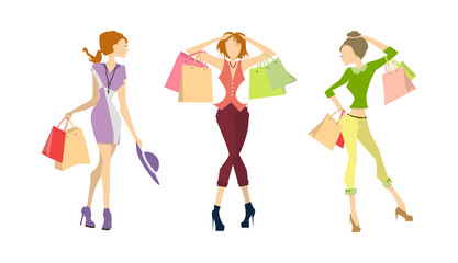 Fototapeta premium Shopping women set. Elegant, young and slim women in different outfits with colorful shopping bags on white background.