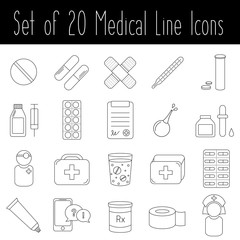 Set of 20 medical line icons. Vector collection of health and medicine.