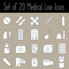 Set of 20 medical line icons. Vector collection of health and medicine.