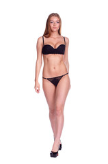 Naklejka premium Woman Walking Side View, Sexy Girl in black Underwear, People is