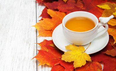 hot tea and autumn leaves
