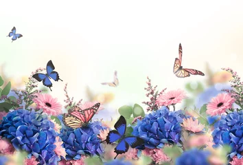 Foto auf Acrylglas Blumen und Pflanzen Erstaunlicher Hintergrund mit Hortensien und Gänseblümchen. Gelbe und blaue Blumen auf einem weißen Leerzeichen. Blumenkarte Natur. Bokeh-Schmetterlinge.