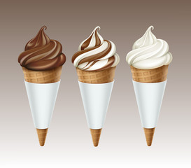 Vector set of Brown White Classic Chocolate Soft Serve Ice Cream Waffle Cone in White Carton Foil Wrapper Close up Isolated on White Background