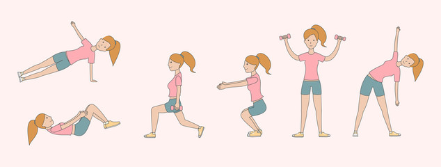 Workout girl set. Woman doing fitness and yoga exercises. Lunges and squats, plank and abc.