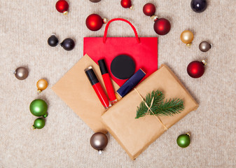 Christmas gifts and baubles with shopping bags