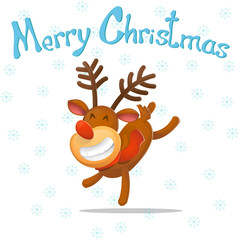 Cartoon. Funny deer Dancer, congratulates on Christmas. Reindeer Santa Claus. New Year. Merry Christmas. Isolated vector illustration. Design element.
