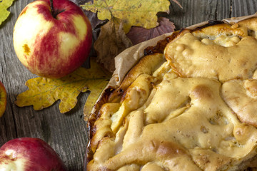 piece of apple pie on a wooden table in autumn style