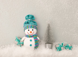 Christmas Design Ornament. Christmas background decoration Handmade. Happy Snowman, Christmas holiday Gift boxes. Snowflakes,Fir. New Year snowman 2017. Festive Art snowman Greeting Card.Retro Vintage