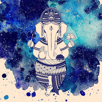 Ganesha god on watercolor background