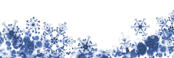 Greeting banner with blue snowflakes and frosty pattern. Hand-painted illustration