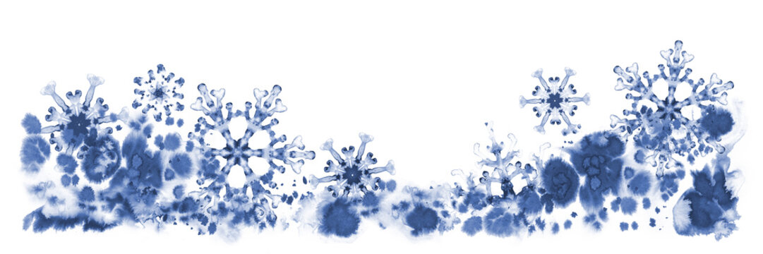 Greeting banner with blue snowflakes and frosty pattern. Hand-painted illustration